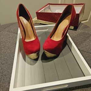 Red & Gold suede high heels